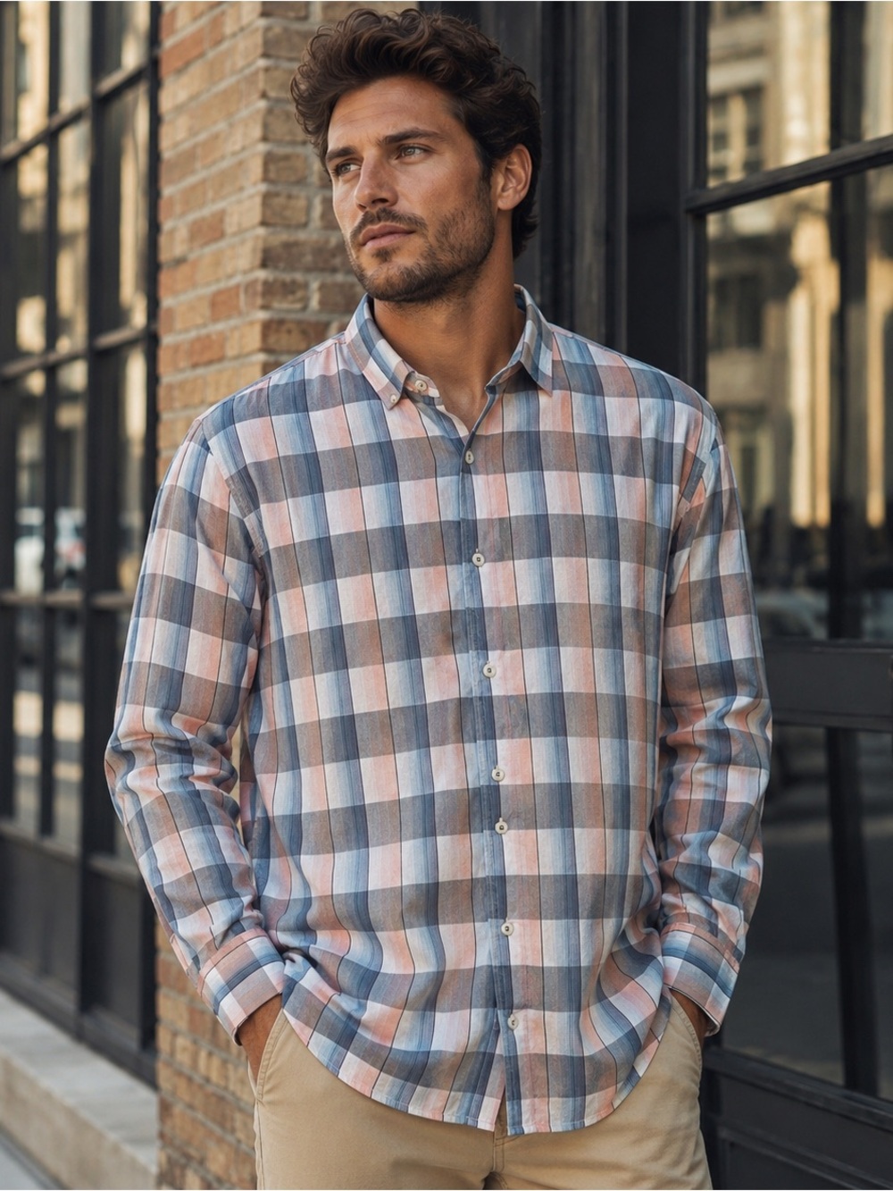Tommy Bahama Ombre Plaid Button Up Shirt Size XL Blue Peach Long Sleeve